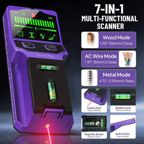 Heavy Duty 7 In 1 Wall Scanner Stud Finder With Cross Beam Laser Level And Bubble Vials For Deep Wood Metal Live Wire Detection showing modes and laser functionality.