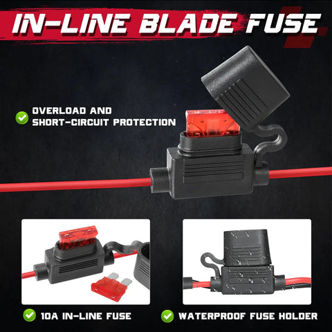 LED Light Bar Wiring Harness Kit With Motorcycle Handlebar Switch in-line blade fuse with red wire and waterproof holder.