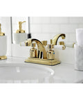 4 Inch Centerset Bathroom Faucet In Polished Brass, Durable Brass Zinc Alloy And ABS Construction, Deck Mount Three Hole Install, 1.2 GPM Flow At 60 PSI, Sleek Dope Modern Bath Upgrade on a marble countertop with accessories