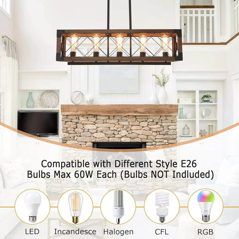 Slick Modern Rectangle Chandelier For Kitchen Island Lighting in living room, E26 base, UL Listed, bulbs not included