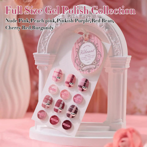 Six Piece HEMA Free Gel Polish Set 15ml Each In Nude Pink Rose Burgundy Neutral Milky Shades Soak Off Same Color Same Bottle Easy UV LED Cure In 60-120 Seconds For Nail Art Mani DIY Salon display.