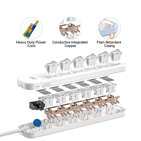 Exploded view of six outlet power strip surge protector with individual switches and durable mountable design, white.