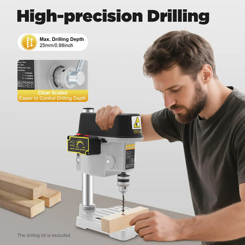 Man using Compact Benchtop Drill Press For Precision Metal And Woodworking Portable Electric Table Drill With Adjustable Speeds