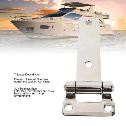 Beefy T Shape Door Hinge In 304 Stainless Steel For RVs Vans And Yachts Heavy Duty Load Capacity with yacht in background.