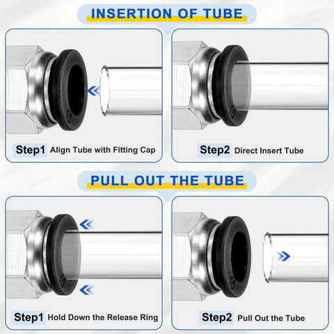 Insertion and removal steps for 3 Pack Push To Connect Fittings Straight Nickel Plated Brass Pneumatic Male Adapters