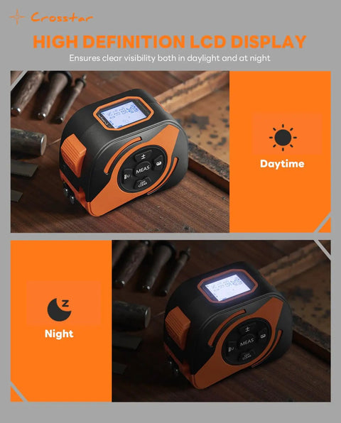 Built Tough 2 In 1 Laser Tape Measure With 197 Foot Range And Bright Green Beam Paired With A Spiffy 16 Foot Dual Sided Manual Tape Featuring Anti Reflective Matte Surface For Crack Free Sight Lines And Serious Job Site Precision with high-definition LCD display and tools background.