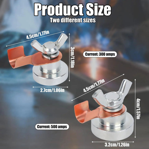Two Pack Welding Magnetic Grounding Clamps For Secure Metal Work showing two sizes 300 amps and 500 amps with dimensions