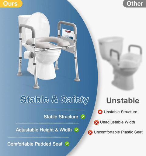 Rock Solid Heavy Duty Raised Toilet Seat With Secure Side Handles For Seniors And Mobility Needs Supports Up To 400 Pounds Aluminum frame with padded seat