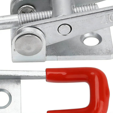 Heavy Duty Adjustable Draw Latch Set 10-Piece Rust Proof Toggle Clamps For Tools, metal lever and red handle detail.