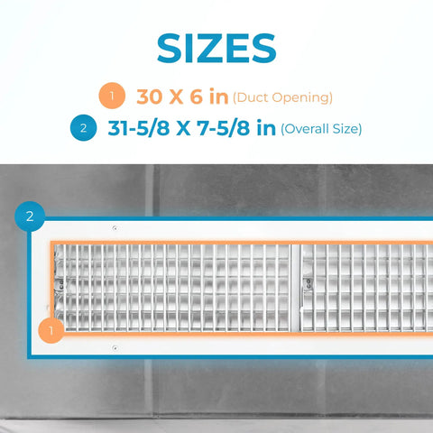 Premium 30 By 6 Inch Wall Vent Cover With Multi Shutter Damper And Adjustable Front Blades In Rustproof Aluminum White Finish on wall
