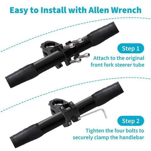 Step-by-step installation of Lightweight Aluminum Mountain Bike Stem with Allen Wrench, showing handlebar and steerer clamp setup