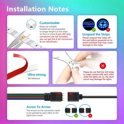 Installation notes for 25 Foot RGB LED Strip Lights With App Control And Music Sync Dope Color Changing Tape Lights SMD 5050 RGB
