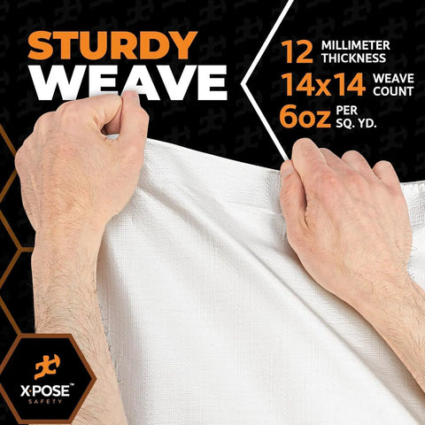 Heavy Duty White Poly Tarp 12 Ft By 16 Ft, Workhorse Multipurpose Cover held to show sturdy 12 mil weave and thickness.