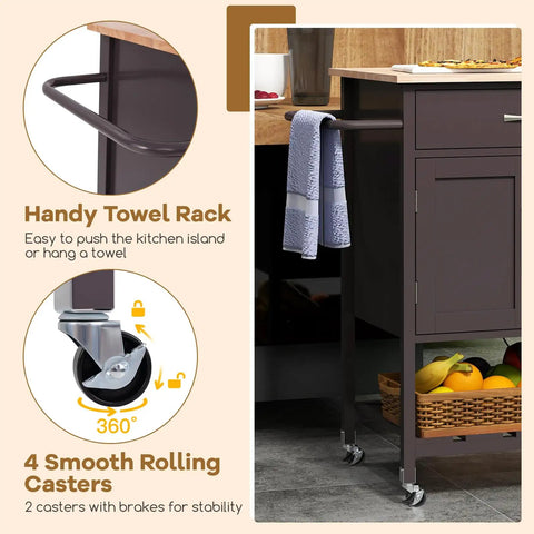 Slick Rolling Kitchen Island Cart With Dope Rubberwood Top And Quick Release Drawer Perfect Go To Coffee Bar Station, towel rack and casters.