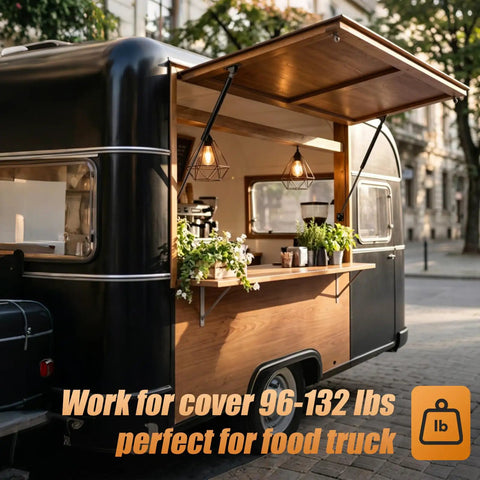 Bulletproof 20 Inch Gas Struts Featuring Upgraded T Bracket Setup For Effortless Lifting And Rock Solid Hold Bend Resistant 120 Pound Force Hydraulic Shocks Hella Sturdy Cylinder Rods Ideal For Trailers And Food Trucks Pack Of Two used on a food truck awning.