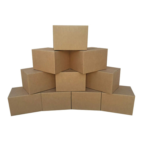 Heavy Duty Corrugated Moving Boxes For No Drama Packing Medium 18X14X12 Inches stacked in a pyramid of brown cardboard cartons.