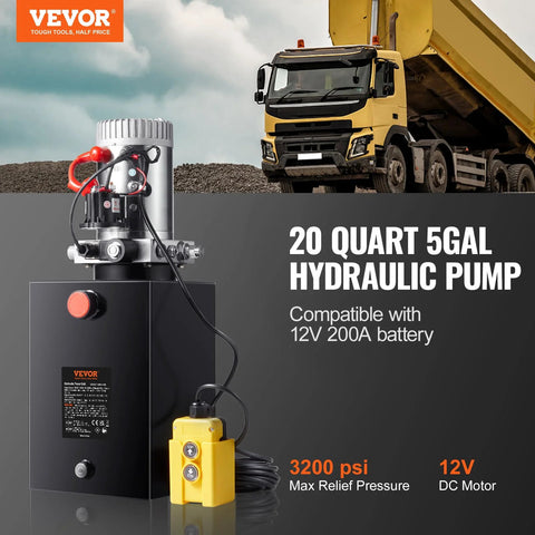 VEVOR 20-quart hydraulic power unit with 12V DC motor, single-acting pump, and yellow wired remote (front view)