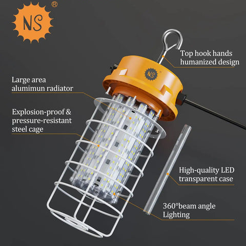 Beefed Up 100W LED Work Light With 15,000 Lumens, steel cage, hook, 14.76 Ft Power Cord With US Plug, visible components labeled