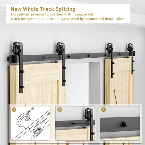 12 FT Double Sliding Barn Door Hardware Track Kit for Wood Slab Doors, J Shape Hanger Design, installed in home setting
