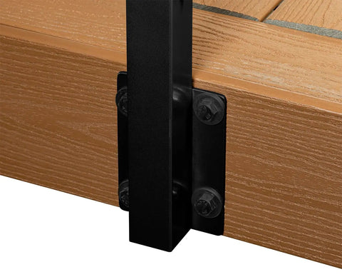 Close-up of black face mount metal post securely attached to deck surface for No Headache DIY Cable Railing Kit 30 Ft Black Face Mount Deck Railing System With Marine Grade Stainless Steel Wire Pre Drilled Metal Posts Complete Hardware Bundle 42 Inch High.