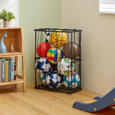 Heavy Duty Garage Ball Storage Rack With No Fuss Elastic Strap Wall Mount Or Floor Stand Option For Basketball Soccer Football Volleyball Gear In Matte Black holding multiple sports balls.