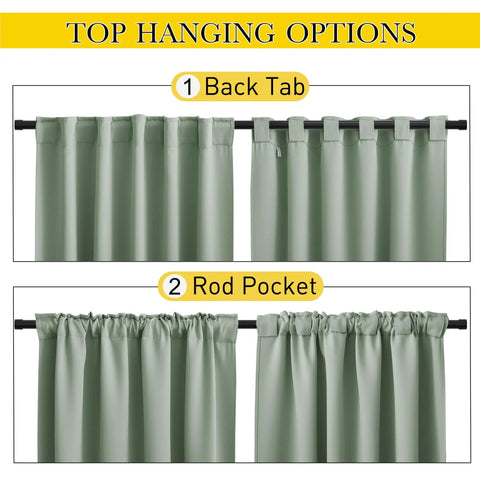 Weighted Outdoor Curtains For Patio With Rope Tie, Waterproof And Windproof Thermal Privacy For Pergola, Back Tab And Rod Pocket Top And Bottom, 2 Panels W52 X L84, Sage Green, showing back tab and rod pocket hanging options.