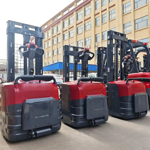 Heavy Duty Electric Pallet Stacker With Battery Powered Forklift Lift System parked outside a warehouse, showcasing hydraulic features.
