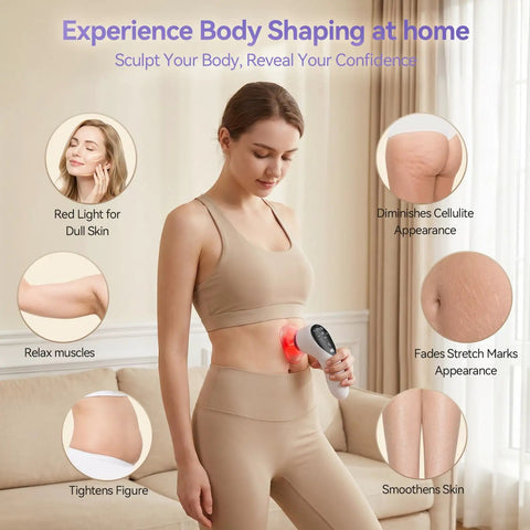 Woman using 5 In 1 Body Sculpting Machine With Massage Cupping Red Light Therapy And Gua Sha For Body And Face Massager For Cellulite Reduction Tightening Circulation Home Spa And Travel Ready Self Care Gift For Women