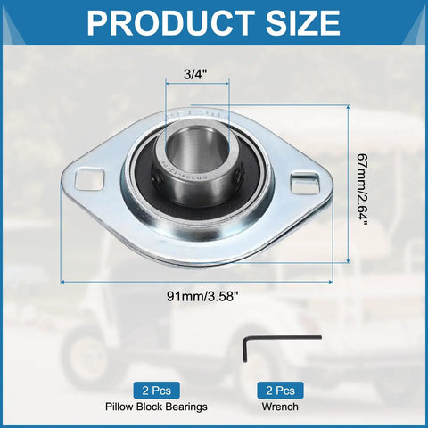 Two Pack Pillow Block Bearing Set With Three Quarter Inch Bore, Steel Flange Mounted Housing, Includes Wrench, ABEC 3