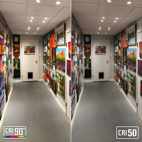 Comparison of hallway lighting with Three Inch Gimbal LED Recessed Light With Junction Box Pack Of 6, CRI 90 and CRI 50