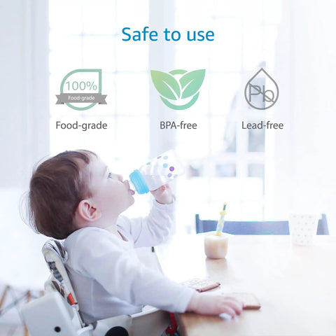 Baby drinking from bottle at table with icons showing food-grade, BPA-free, lead-free materials, text 'Safe to use' above.