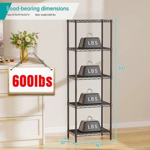 Sturdy Heavy Duty Wire Shelving Units Adjustable Metal Storage Rack With Reinforced Grid And No Sweat Setup For Garage Organization And Home Pantry Display Solutions, 55H, 600 lb capacity.