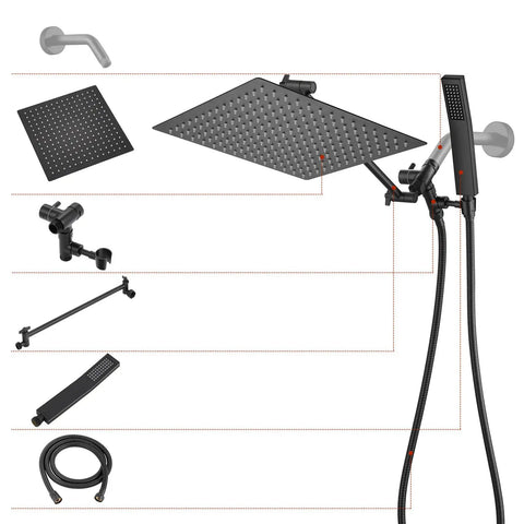 All Metal Dual Shower Head Combo With 12 Inch Rainfall Shower Head And Handheld, Matte Black Finish, components displayed