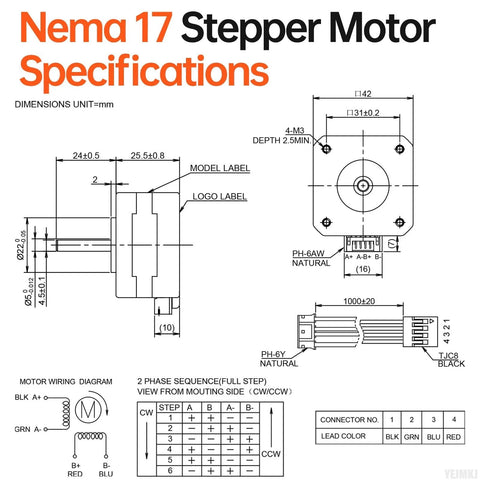 Diagram of high torque NEMA 17 stepper motors with wiring and dimensions
