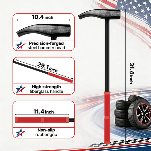 Image of Heavy Duty Tire Bead Breaker Tool For Bead Removal On Cars, Trucks, Buses, ATVs, UTVs, Farm Tractors And Aircraft Tires, with dimensions and features highlighted, including a steel hammer head, fiberglass handle, and rubber grip.