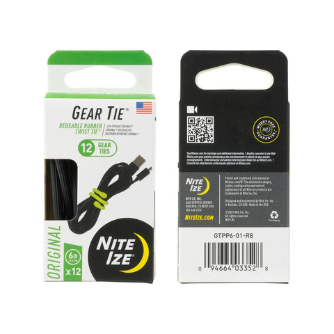 6 Inch Reusable Gear Ties Black 12 Pack Slick Rubber Coated Cord Organizers Electric Cable Management Clamps packaging display.