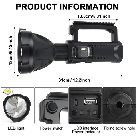 Beast Bright 90000 Lumen Handheld Spotlight Flashlight with rechargeable battery and USB interface, showing size and features.