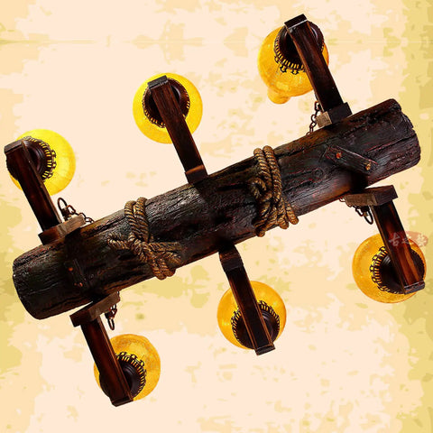 Rustic 6 Light Wooden Glass Barn Chandelier Hanging Ceiling Lamp Fixture Vintage Industrial Bar Pub Restaurant Decor Badass Lighting For A Sick Kickback Lounge Setup With Warm Glow, top view with wooden beam and glass bulbs.