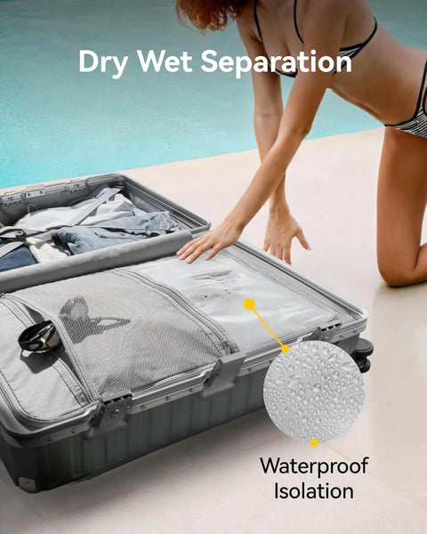 Open aluminum frame carry-on luggage showing dry wet separation feature with waterproof isolation.