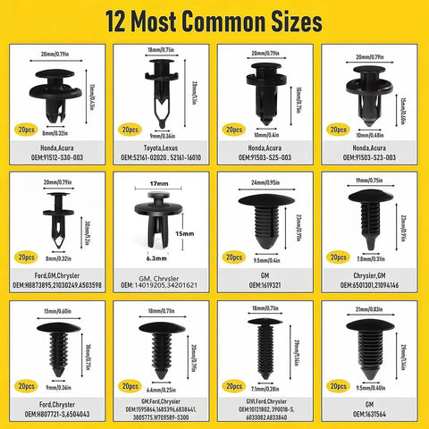 Premium Nylon Car Bumper Retainer Clips For Chevy Impala With Dedicated Removal Tool For Easy Installation And Panel Repair In Your Own Garage Or Shop, 12 common sizes chart