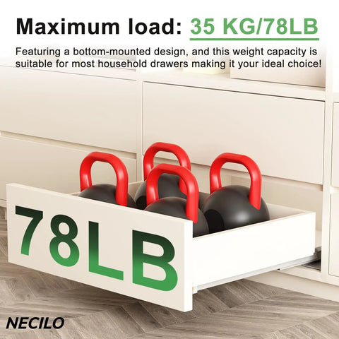 High Capacity 14 Inch Push To Open Soft Close Undermount Drawer Slides Featuring Heavy Duty 78 Pounds Full Extension with kettlebells.