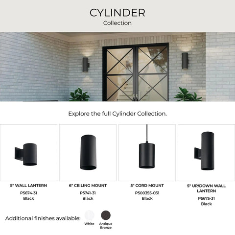 6 Inch Black Outdoor LED Pendant Light Cylinder Style Hang Fixture in modern patio setting, part of Cylinder Collection display.