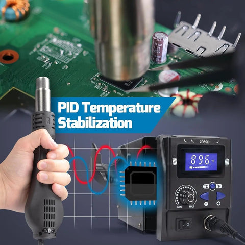 Portable Pro Grade Hot Air Rework Station for Mobile Phone Repair with Digital LED Display and handheld tool in use