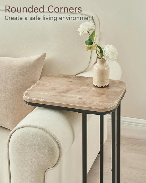 C Shaped End Table For Sofa And Bed, Slim 27 Inch High Side Table That Slides Under Couch, showing rounded corner design