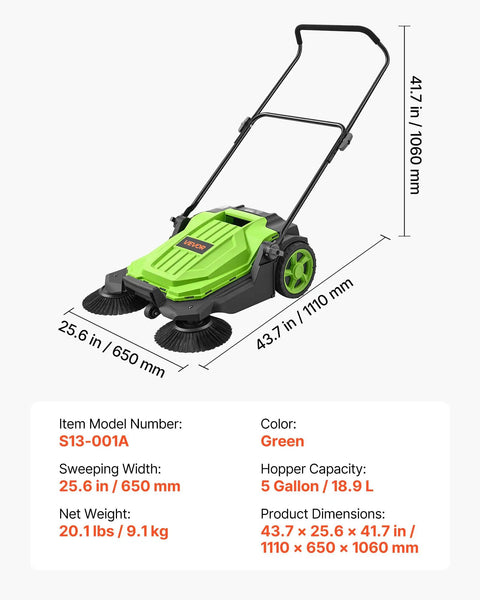 VEVOR Walk-Behind Floor Sweeper With 25.6 Inches Wide Brush And Big Waste Bin, green design, dimensions 43.7x25.6x41.7 inches.