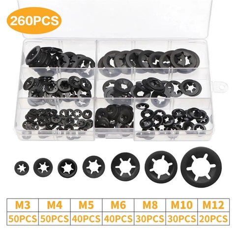 Heavy Duty Lock Washers Set With 260 To 520 Pcs M3 To M12 Star Push On Locking Fasteners Assortment Kit display
