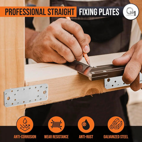 Person using Heavy Duty Flat Joining Plates With Perforated Braces For Timber Wood And Metal Galvanized Steel Fixing Repair Connector 10 Pack.