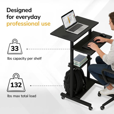 Black Rolling Standing Desk With Adjustable Height Up To 54.7 Inches, Portable Laptop Podium On Wheels, multi shelf with person working