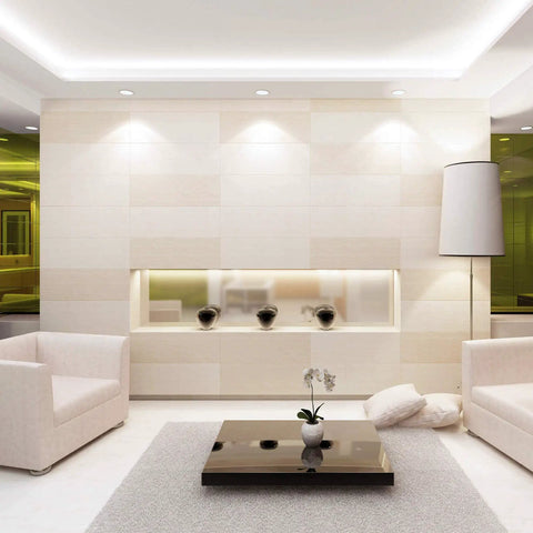 Contemporary living room illuminated by commercial grade LED PAR38 flood light bulbs, bright and inviting atmosphere