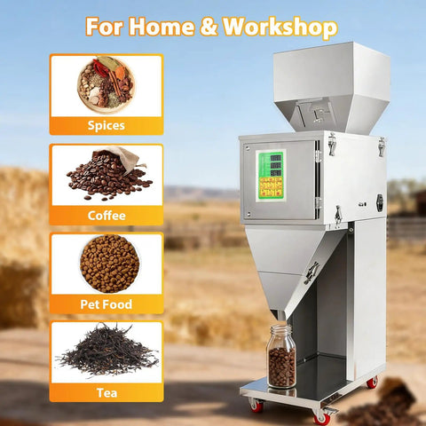 Top Shelf Automatic Powder And Particle Filling Machine With 77 Pound Hopper for spices, coffee, pet food, and tea.